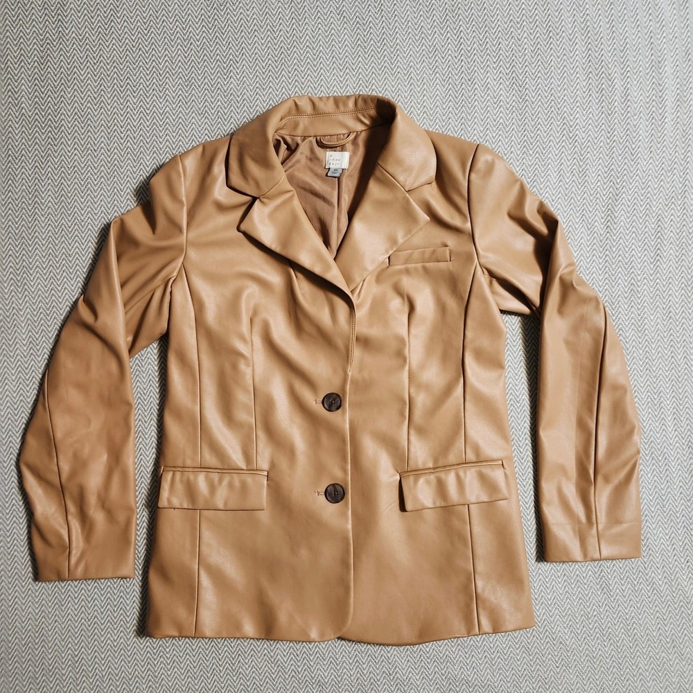 A New‎ Day Faux Leather Blazer Tan Camel Two Button Jacket XS 018060568